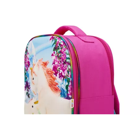 Mochila infantil de unicornios en 3D con dos figuras de juguete y folleto coleccionable.