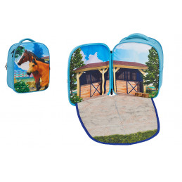 Mochila escolar 3D con relieve de caballos en un paisaje, diseño ergonómico y acolchado para niñas.