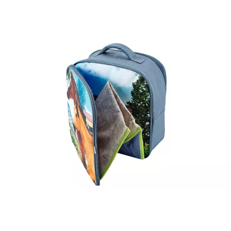 Mochila infantil de caballos en 3D con figuras de juguete de caballo, potro y conejo.