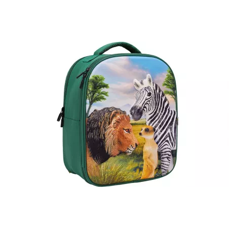 Mochila Selva 3D con figuras de juguete de león, cebra, suricato y folleto de coleccionista.