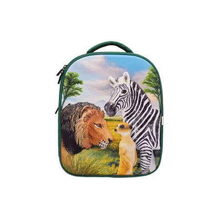 Mochila Selva 3D con figuras de juguete de león, cebra, suricato y folleto de coleccionista.