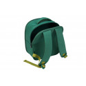 Mochila Selva 3D con figuras de juguete de león, cebra, suricato y folleto de coleccionista.