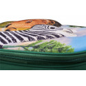 Mochila Selva 3D con figuras de juguete de león, cebra, suricato y folleto de coleccionista.
