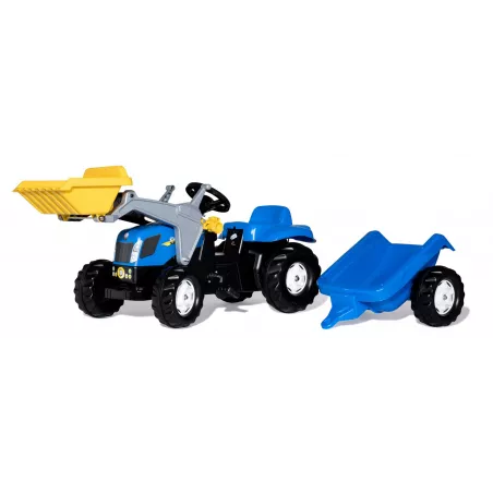Tractor New Holland con pala y remolque a pedales