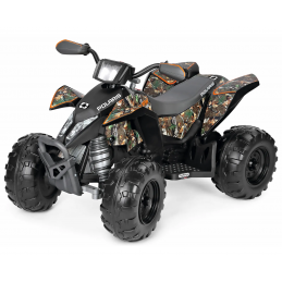 Quad eléctrico infantil Polaris Outlaw 330W con diseño de camuflaje y batería de 12V.
