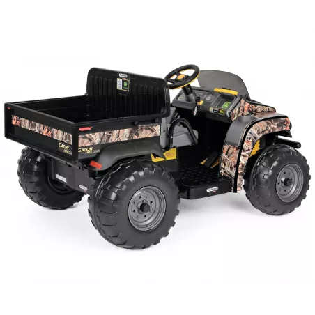 Tractor eléctrico infantil John Deere Gator HPX Camo de dos plazas con caja de carga para niños de 3 años.
