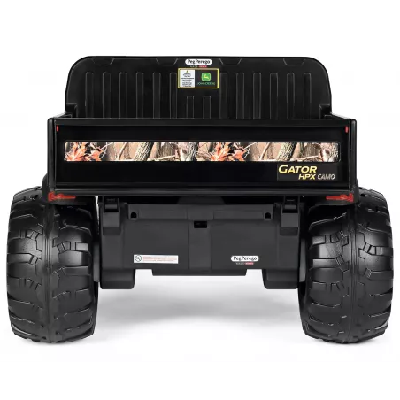 Tractor eléctrico infantil John Deere Gator HPX Camo de dos plazas con caja de carga para niños de 3 años.