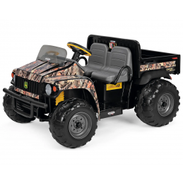 Tractor eléctrico infantil John Deere Gator HPX Camo de dos plazas con caja de carga para niños de 3 años.