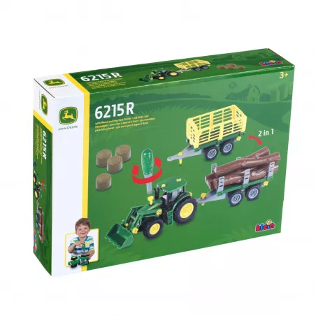 Tractor de juguete John Deere escala 1:24 desmontable con carro de leña y heno