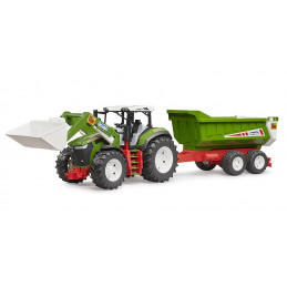 Tractor de juguete Roadmax de Bruder con cargador frontal y remolque basculante.
