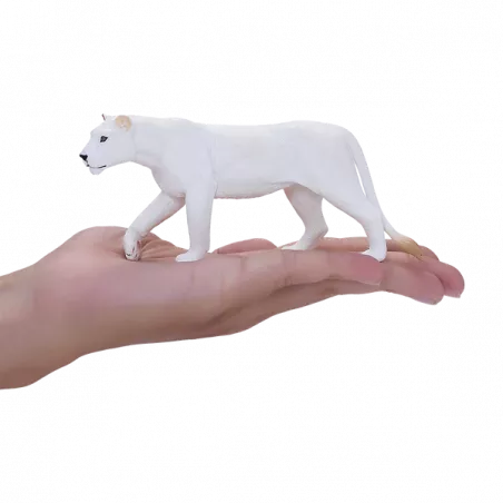 Figura realista de leona blanca Mojo pintada a mano para juego educativo y coleccionistas.