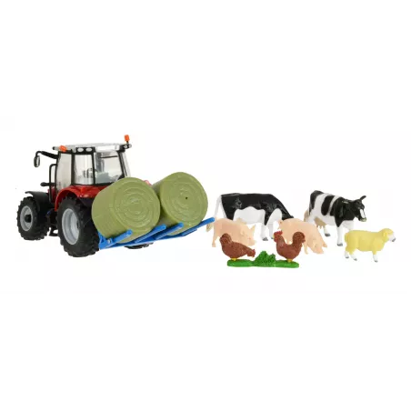 Tractor Massey Ferguson 5612 a escala 1:32 de Britains con juego de animales de juguete para coleccionistas.