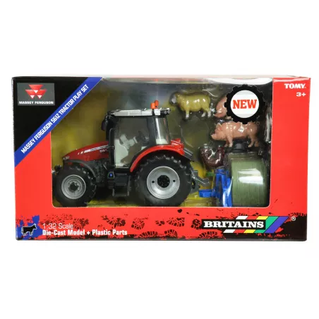 Tractor Massey Ferguson 5612 a escala 1:32 de Britains con juego de animales de juguete para coleccionistas.