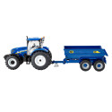 Tractor de juguete New Holland T6 con remolque NC a escala 1:32 para coleccionismo y juego agrícola.