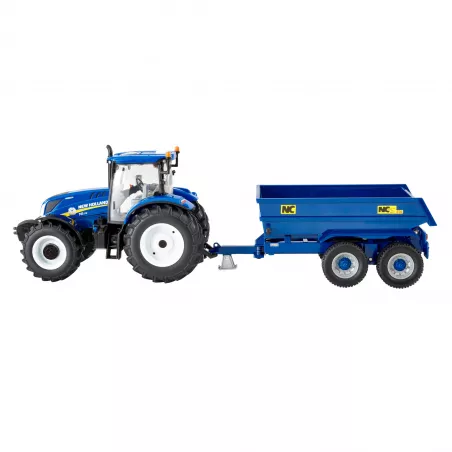 Tractor de juguete New Holland T6 con remolque NC a escala 1:32 para coleccionismo y juego agrícola.