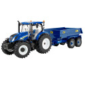 Tractor de juguete New Holland T6 con remolque NC a escala 1:32 para coleccionismo y juego agrícola.