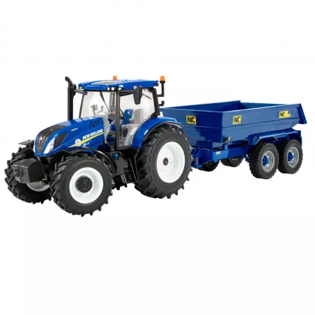 Tractor de juguete New Holland T6 con remolque NC a escala 1:32 para coleccionismo y juego agrícola.