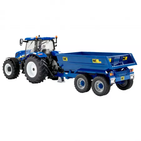 Tractor de juguete New Holland T6 con remolque NC a escala 1:32 para coleccionismo y juego agrícola.