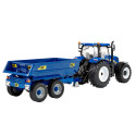 Tractor de juguete New Holland T6 con remolque NC a escala 1:32 para coleccionismo y juego agrícola.