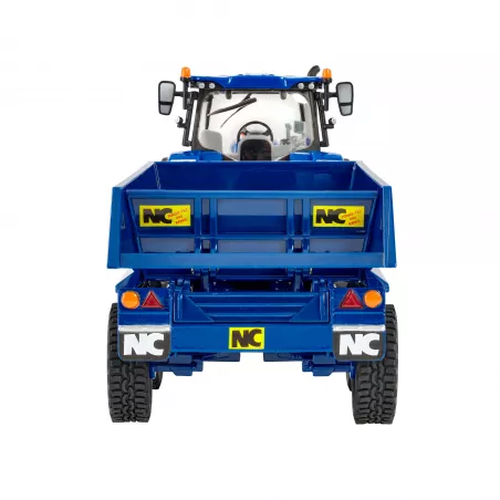 Tractor de juguete New Holland T6 con remolque NC a escala 1:32 para coleccionismo y juego agrícola.