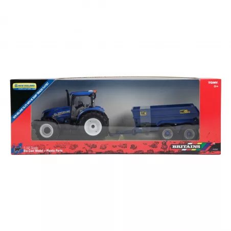 Tractor de juguete New Holland T6 con remolque NC a escala 1:32 para coleccionismo y juego agrícola.