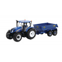 Tractor de juguete New Holland T6 con remolque NC a escala 1:32 para coleccionismo y juego agrícola.
