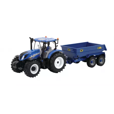 Tractor de juguete New Holland T6 con remolque NC a escala 1:32 para coleccionismo y juego agrícola.