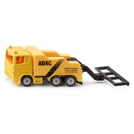 Grúa de juguete ADAC de Siku fabricada en metal y plástico para remolcar coches de juguete.