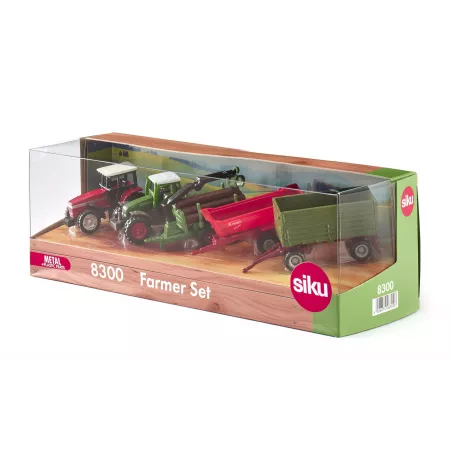 Conjunto de granjero SIKU con tractores de juguete y remolques agrícolas de metal y plástico.