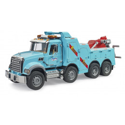 Camión grúa de rescate y remolque MACK Granite de Bruder a escala 1:16 con brazo telescópico.