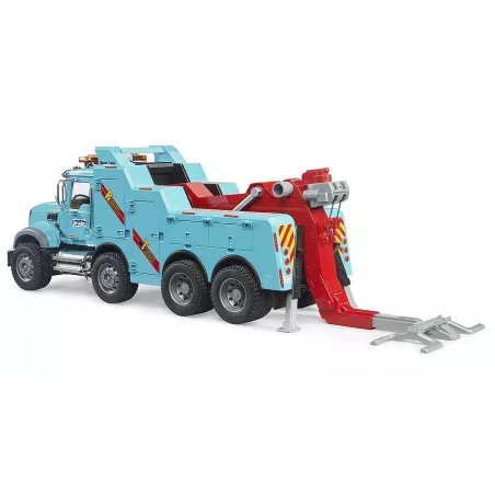 Camión-grúa de rescate MACK Granite de Bruder a escala 1:16 con brazo telescópico y detalles realistas.