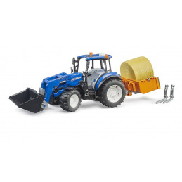Tractor de juguete New Holland T5.120 Bruder a escala 1:16 con cargador frontal, horquillas y caja