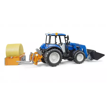 Tractor de juguete Bruder New Holland T5.120 escala 1:16 con cargador frontal, caja de carga y horquillas