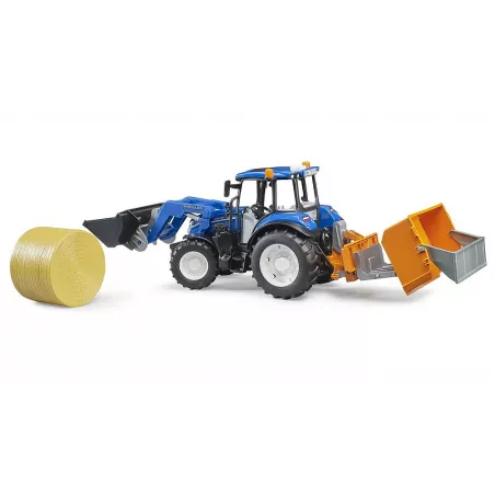 Tractor de juguete Bruder New Holland T5.120 escala 1:16 con cargador frontal, caja de carga y horquillas