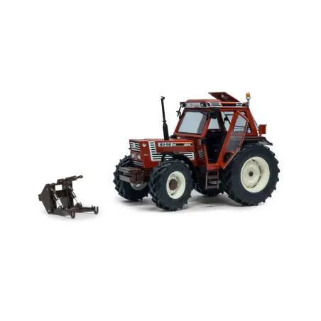 Réplica a escala 1:32 del tractor Fiat 80-90 DT con cabina confort, miniatura detallada para coleccionistas.