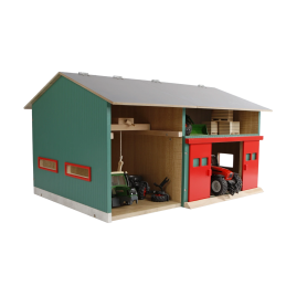 Taller de granja de madera a escala 1:32 con grúa puente funcional y techo abatible para tractores de juguete.