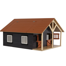 Establo de madera de juguete Kids Globe a escala 1:24 con dos compartimentos y techo abatible para caballos.