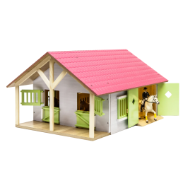 Establo de juguete de madera rosa con dos compartimentos y techo abatible a escala 1:24.