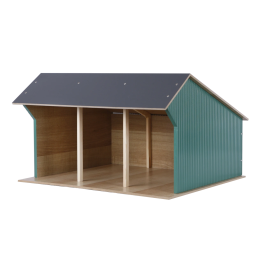 Cobertizo grande de madera de juguete para tractores infantiles con techo abatible.