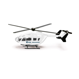 Helicóptero de juguete oficial de la ESA marca Siku en metal y plástico con rotores giratorios.