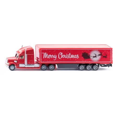 Camión navideño Freightliner rojo a escala 1:87 de SIKU con detalles cromados y motivos festivos.