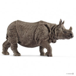 Figura de rinoceronte indio de juguete marca Schleich pintada a mano con detalles realistas.