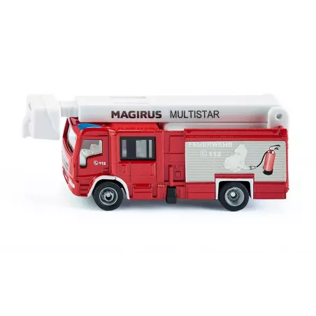 Camión de bomberos de juguete Magirus Multistar TLF en metal y plástico con patas de apoyo.