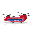 Helicóptero de transporte de juguete detallado con piezas de metal y plástico resistente.