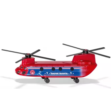 Helicóptero de transporte de juguete detallado con piezas de metal y plástico resistente.