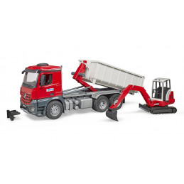 Camión Mercedes-Benz Arocs con miniexcavadora Schaeff HR16 de juguete para construcción.