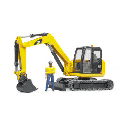 Miniexcavadora Cat de juguete Bruder escala 1:16 con figura de obrero y brazo articulado funcional.