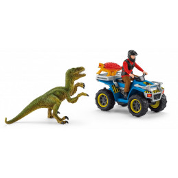 Set de juguete Huida en quad de un velocirráptor con paleontólogo Flynn, dinosaurio velocirráptor y anquilosaurio.