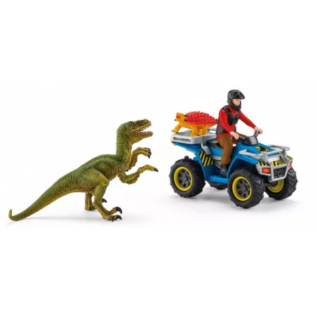 Set de juguete Huida en quad de un velocirráptor con paleontólogo Flynn, dinosaurio velocirráptor y anquilosaurio.