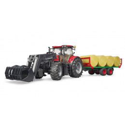 Tractor de juguete Case IH Optum 300CVX con pala frontal y remolque de pacas Bruder a escala 1:16.